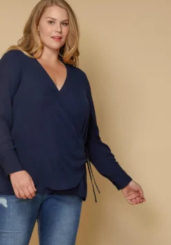Pleione Wrap Front Long Sleeve Plus Size Women Clothing Blouse