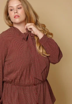 Pleione Plus Size Women Clothing Tie Neck Button Down Peplum Blouse