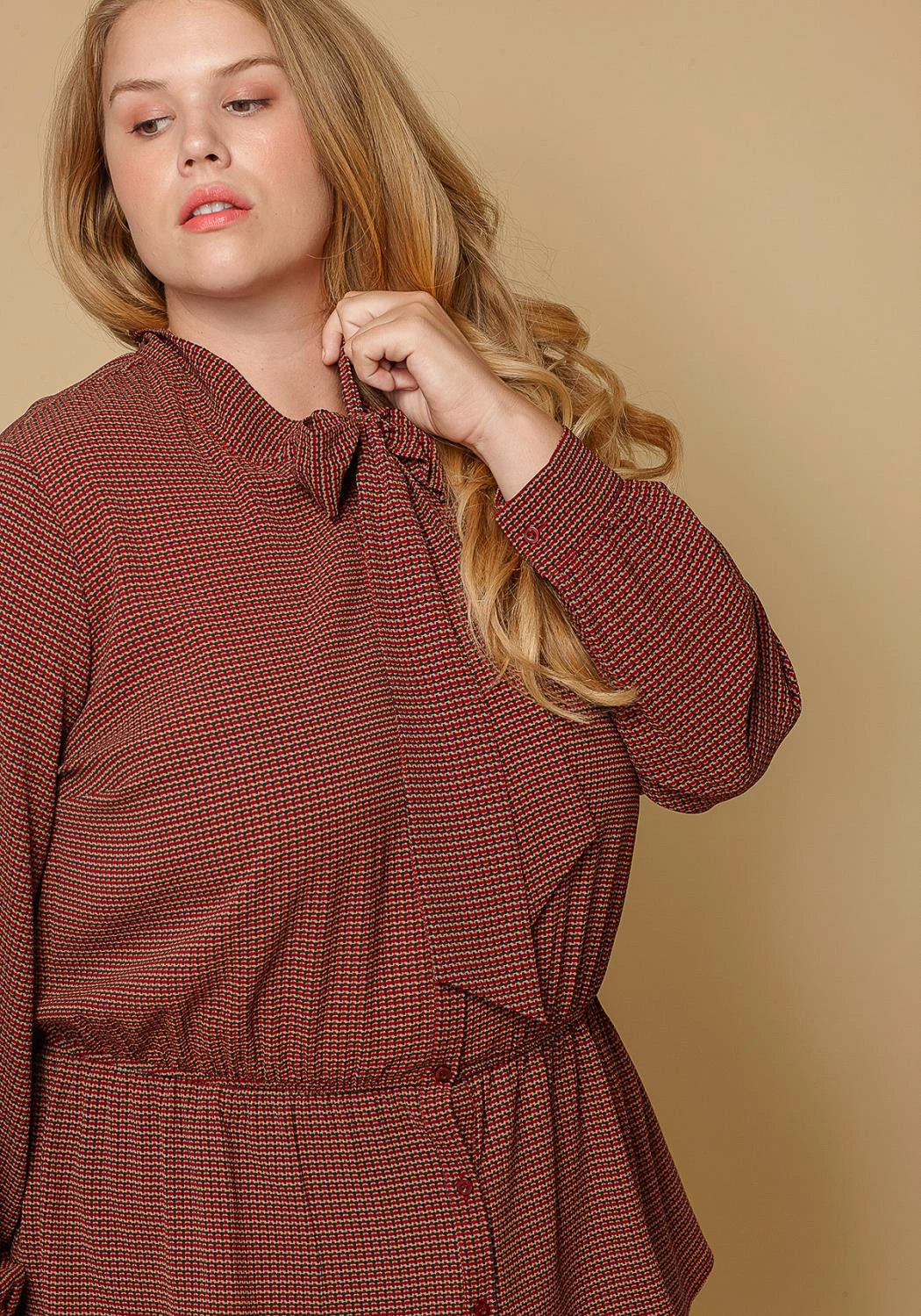 Pleione Plus Size Women Clothing Tie Neck Button Down Peplum Blouse 1 Pleione Plus Size Women Clothing Tie Neck Button Down Peplum Blouse