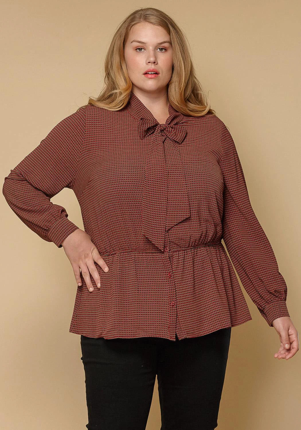 Pleione Plus Size Women Clothing Tie Neck Button Down Peplum Blouse 2 Pleione Plus Size Women Clothing Tie Neck Button Down Peplum Blouse - Image 2