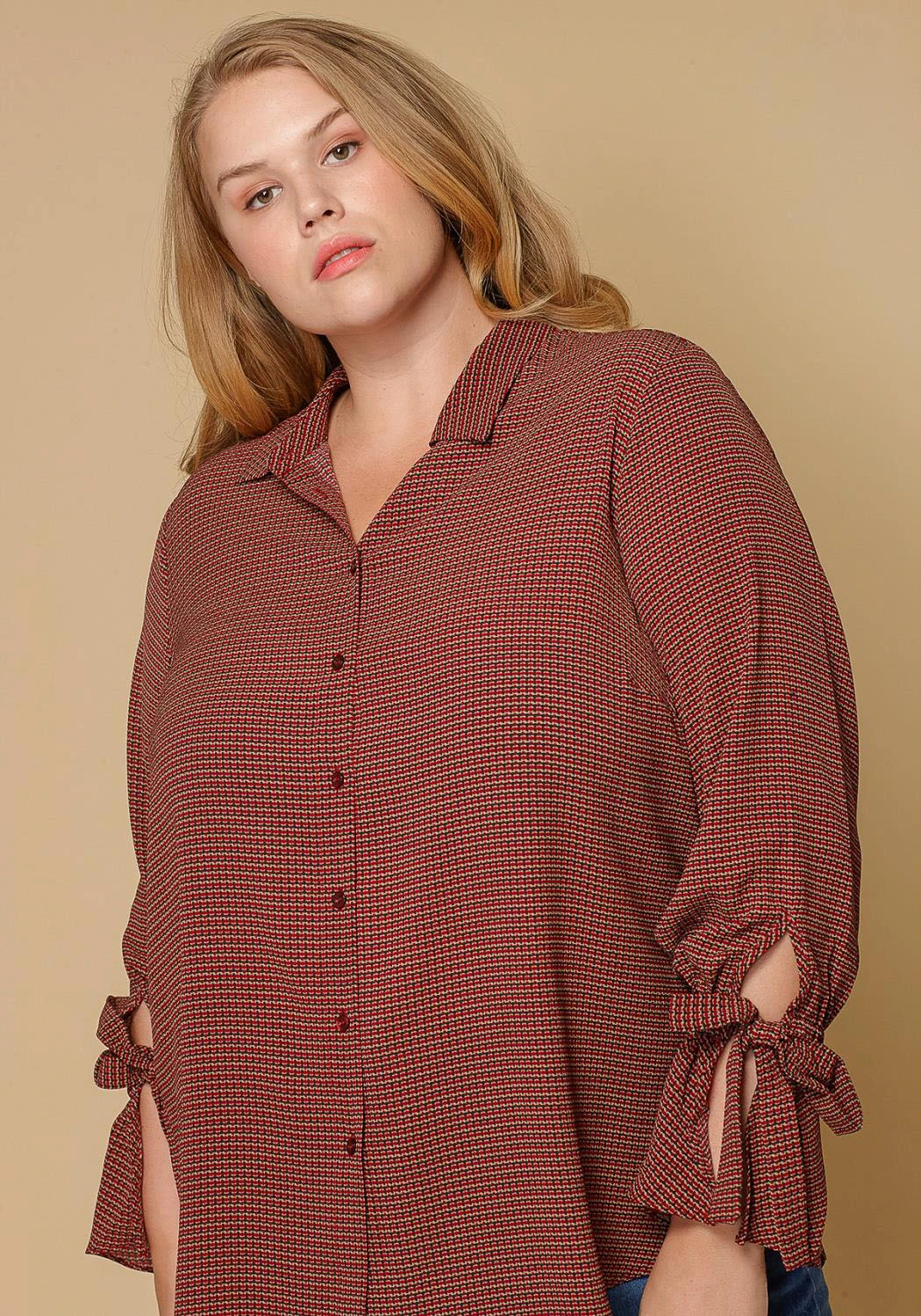 Pleione Self-tie Bell Cuff Plus Size Women Clothing Button Down Shirt Blouse 1 Pleione Self-tie Bell Cuff Plus Size Women Clothing Button Down Shirt Blouse
