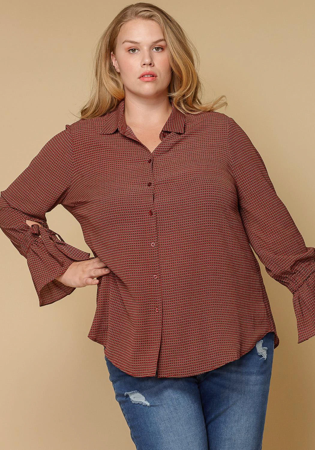 Pleione Self-tie Bell Cuff Plus Size Women Clothing Button Down Shirt Blouse 2 Pleione Self-tie Bell Cuff Plus Size Women Clothing Button Down Shirt Blouse - Image 2