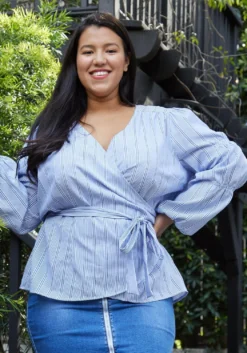 Nurode Plus Size Stripe Wrap Blouse