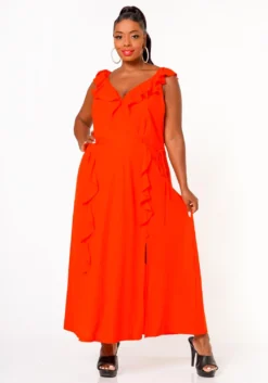 Nurode Plus Size Ruffle Trim Wrapped Maxi Dress