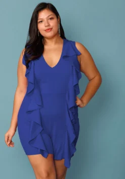 Plus Size V-Neck Ruffle Front Sleeveless Romper