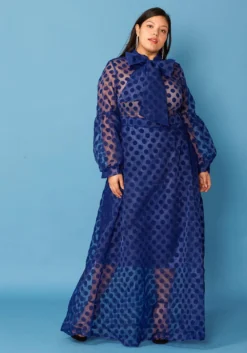 Plus Size Sheer Polkadot Bow Front Maxi Dress