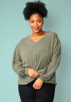 Pleione Plus Size Twist Hem V-Neck Sweater