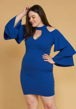 Plus Size Shoulder Cutout Layered Ruffle Sleeve Dress