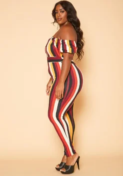 Plus Size Puff Sleeve Multi Stripe Jumpsuit -Asoph Fashion Shop 2005502 111 2