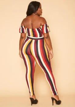 Plus Size Puff Sleeve Multi Stripe Jumpsuit -Asoph Fashion Shop 2005502 111 3