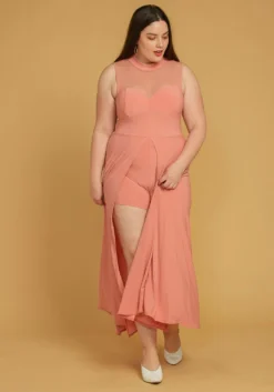 Plus Size Sleeveless Mesh Accent Romper With Cape Hem