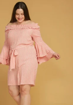 Asoph Plus Size Off Shoulder Stripe Mini Dress