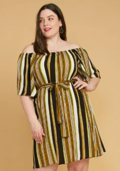 Asoph Plus Size Stripe Bell Sleeve Casual Dress