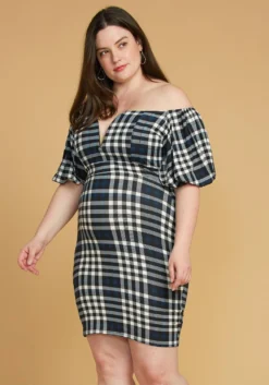 Asoph Plus Size Plaid Split Off Shoulder Dress