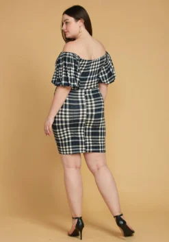 Asoph Plus Size Plaid Split Off Shoulder Dress -Asoph Fashion Shop 2005569 117 3