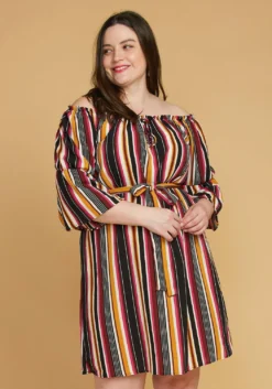 Asoph Plus Size Stripe Off Shoulder Casual Dress