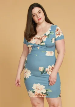 Asoph Plus Size Cross Front Floral Bodycon Dress