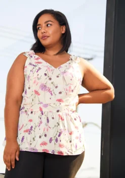 Pleione Plus Size V-Neck Peplum Tank Floral Blouse