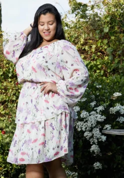 Pleione Plus Size Smocked Waist Ruffle Chiffon Dress