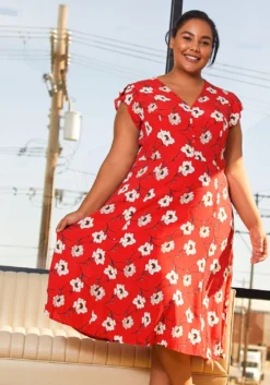 Pleione Plus Size V-Neck Floral Long Dress