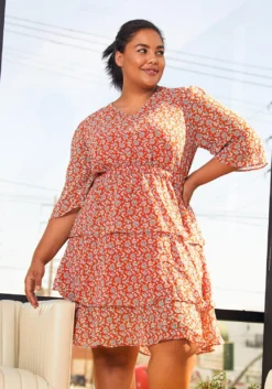 Pleione Plus Size Womens Red Floral Tier Layered Chiffon Dress