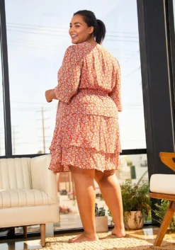 Pleione Plus Size Womens Red Floral Tier Layered Chiffon Dress -Asoph Fashion Shop 2006704 110 3