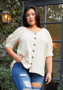 Pleione Plus Size Puff Shoulder Button Down Blouse