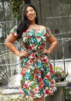 Pleione Plus Size Tropical Off Shoulder Button Down Dress