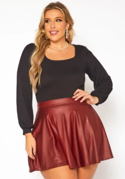Plus Size Faux Leather High Waist Circle Skirt -Asoph Fashion Shop 2010402 111 0