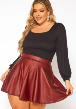 Plus Size Faux Leather High Waist Circle Skirt