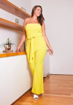 Asoph Plus Size Simply Elegant Tie Waist Flared Tube Jumpsuit