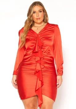 Asoph Plus Size Satin Waterfall Drape Long Sleeve Mini Dress -Asoph Fashion Shop 2011254 120 0