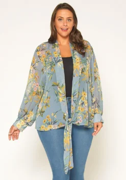 Pleione Plus Size Floral Tie Front Blouse