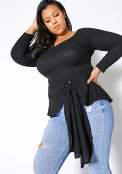 Asoph Plus Size Tie Hem Ribbed Sweater