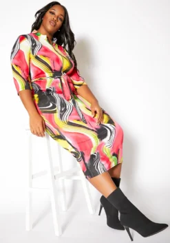 Asoph Plus Size Vibrant Marbled Womens Bodycon Midi Dress