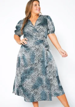 Pleione Plus Size Satin Leopard Wrap Maxi Dress