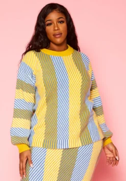 Pleione Plus Size Multi Stripe Cozy Crewneck Sweater
