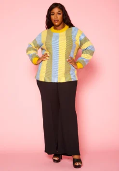 Pleione Plus Size Multi Stripe Cozy Crewneck Sweater -Asoph Fashion Shop 2012142 105 4