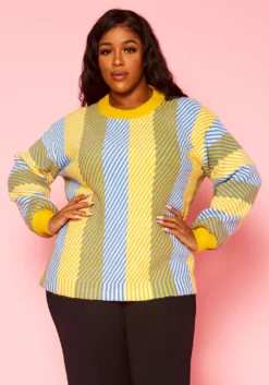 Pleione Plus Size Multi Stripe Cozy Crewneck Sweater -Asoph Fashion Shop 2012142 105 5