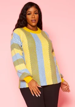 Pleione Plus Size Multi Stripe Cozy Crewneck Sweater -Asoph Fashion Shop 2012142 105 6