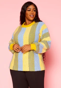 Pleione Plus Size Multi Stripe Cozy Crewneck Sweater -Asoph Fashion Shop 2012142 105 7