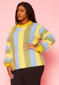 Pleione Plus Size Multi Stripe Cozy Crewneck Sweater -Asoph Fashion Shop 2012142 105 8