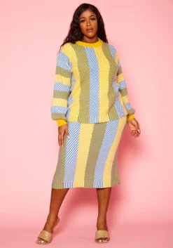 Pleione Plus Size Multi Stripe Midi Knit Skirt -Asoph Fashion Shop 2012143 105 6