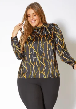 Pleione Plus Size Chained Print Scarf Tie Blouse