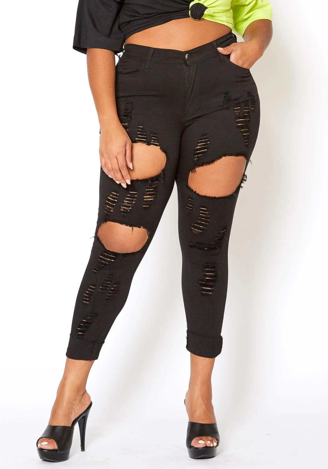 Vibrant Plus Size Stripe Distressed Black Denim Skinny Jean 2 Vibrant Plus Size Stripe Distressed Black Denim Skinny Jean - Image 2