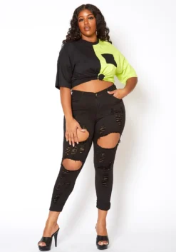 Vibrant Plus Size Stripe Distressed Black Denim Skinny Jean 10 Vibrant Plus Size Stripe Distressed Black Denim Skinny Jean -Asoph Fashion Shop 2013643 001 1