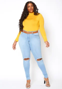 Vibrant Plus Size Classic Light Blue Washed Knee Rip Denim Jeans -Asoph Fashion Shop 2013653 940 0