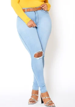 Vibrant Plus Size Classic Light Blue Washed Knee Rip Denim Jeans -Asoph Fashion Shop 2013653 940 4