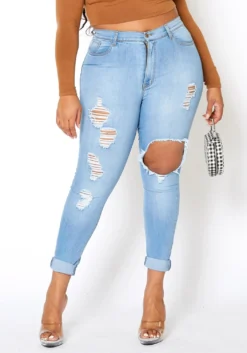 Vibrant Plus Size Womens Light Wash Distressed Denim Jeans