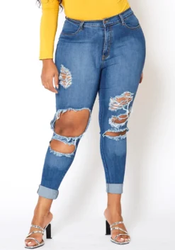 Vibrant Plus Size Knee Destroyed Mid Waist Jean